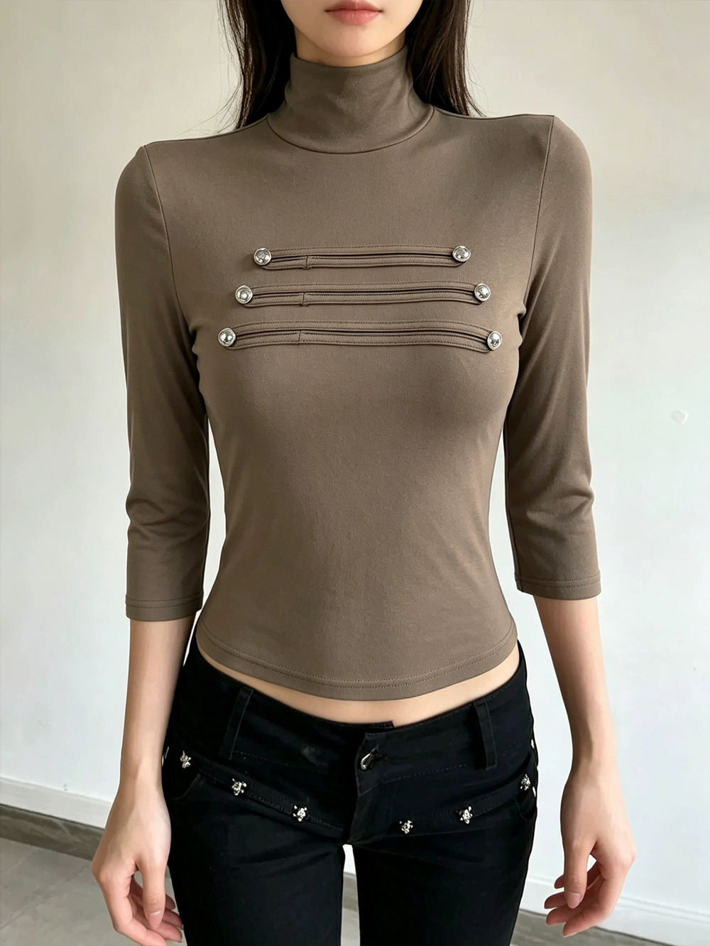 ZARA Vintage High Neck Top with Metal Buttons Slim Fit Autumn Winter Mid Sleeve
